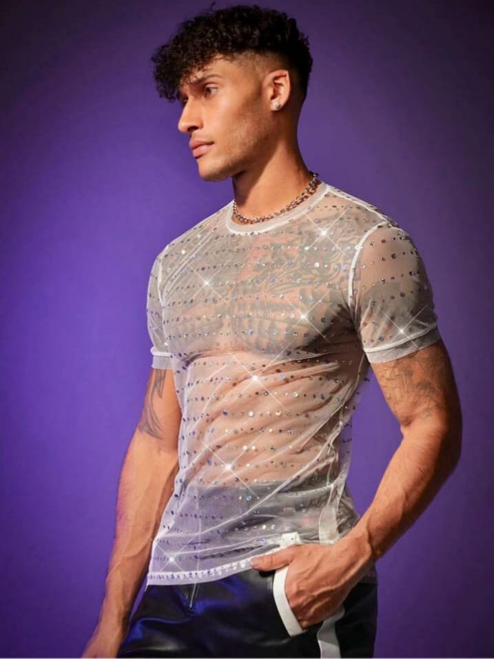 Men's Mesh Rhinestone Short Sleeve Tshirt